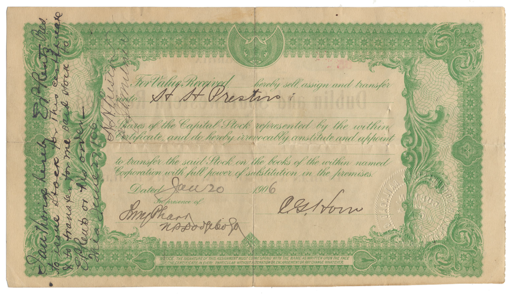 Dublin and Southwestern Railroad Stock Certificate