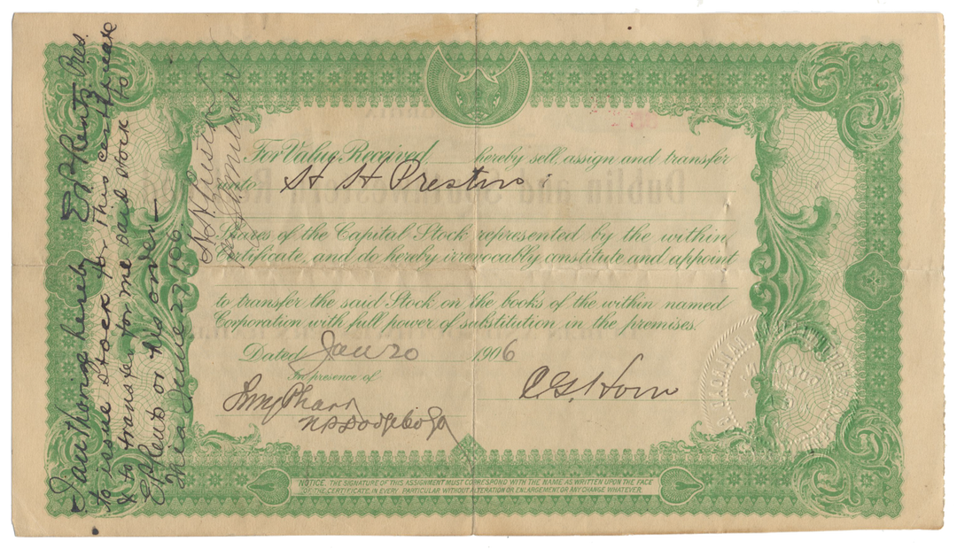 Dublin and Southwestern Railroad Stock Certificate