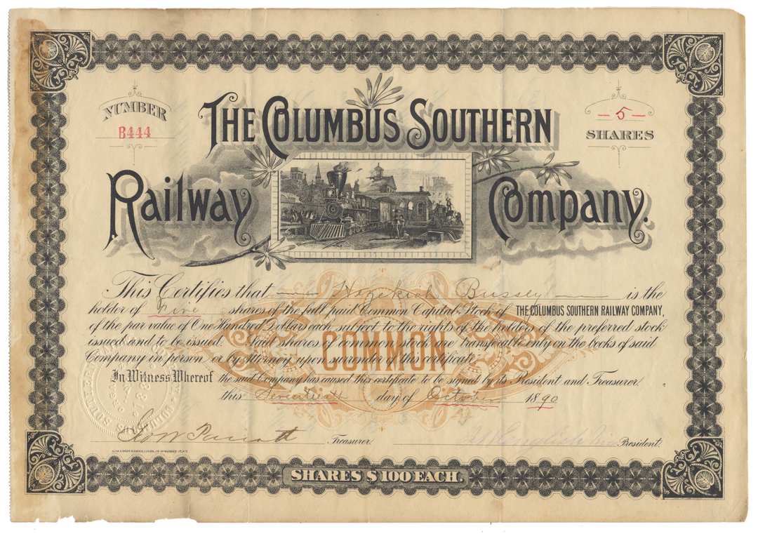 Columbus Southern Railway Company Stock Certificate