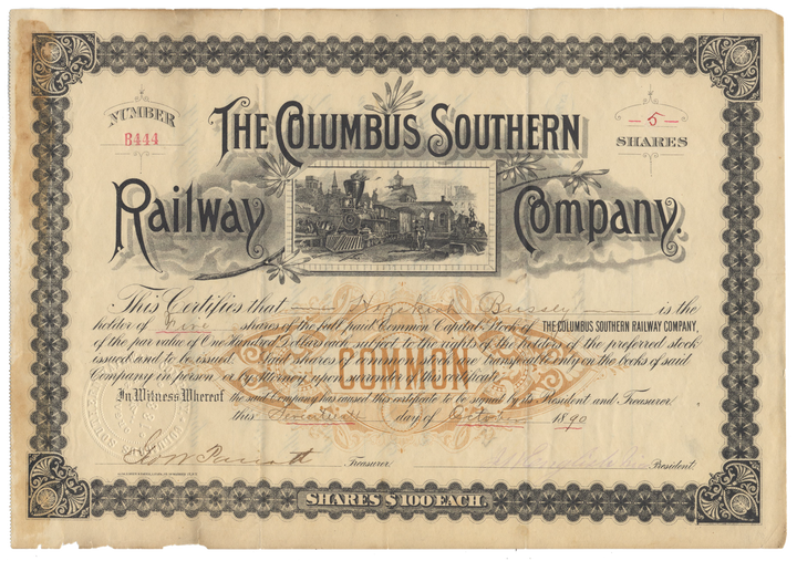 Columbus Southern Railway Company Stock Certificate