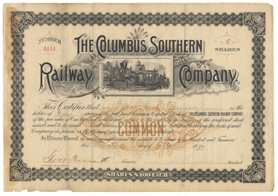 Columbus Southern Railway Company Stock Certificate