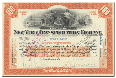 New York Transportation Company Stock Certificate Signed by William Gibbs McAdoo