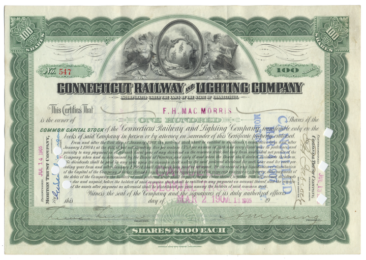 Connecticut Railway and Lighting Company Stock Certificate