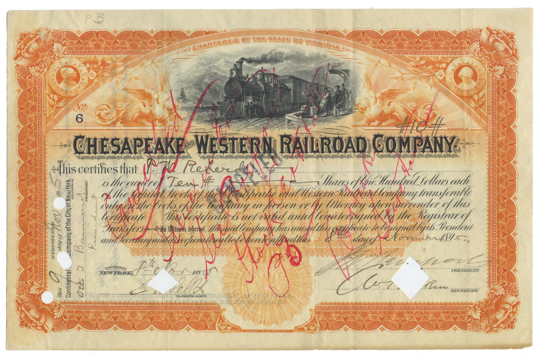 Chesapeake and Western Railroad Company Stock Certificate