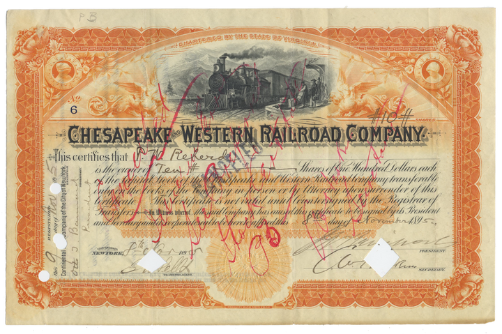 Chesapeake and Western Railroad Company Stock Certificate