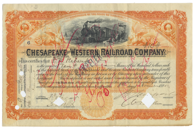 Chesapeake and Western Railroad Company Stock Certificate