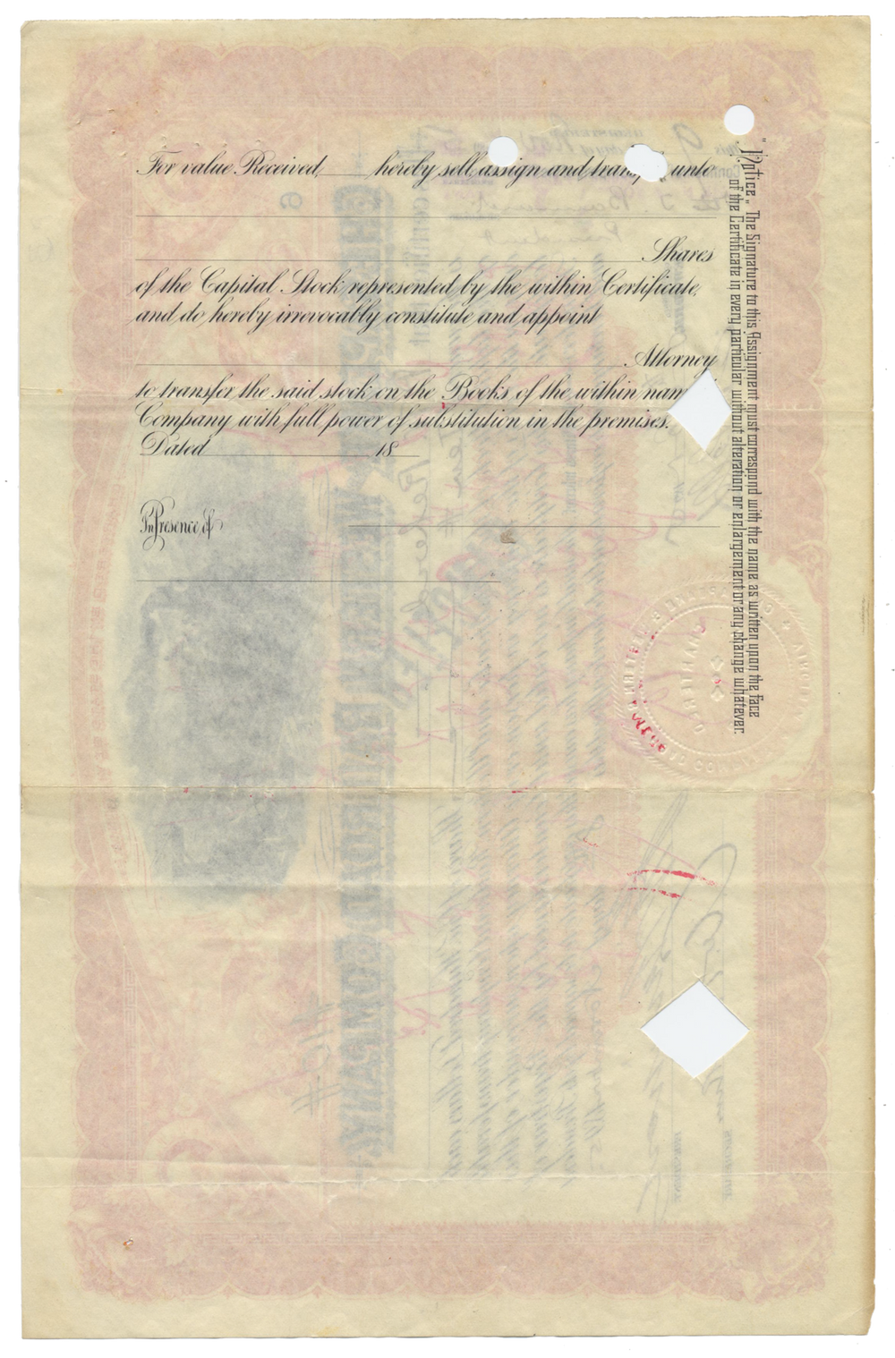 Chesapeake and Western Railroad Company Stock Certificate