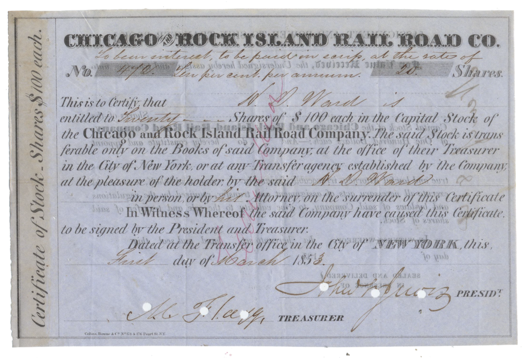 Chicago and Rock Island Rail Road Company Stock Certificate