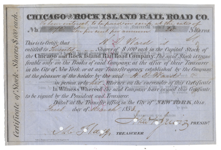 Chicago and Rock Island Rail Road Company Stock Certificate