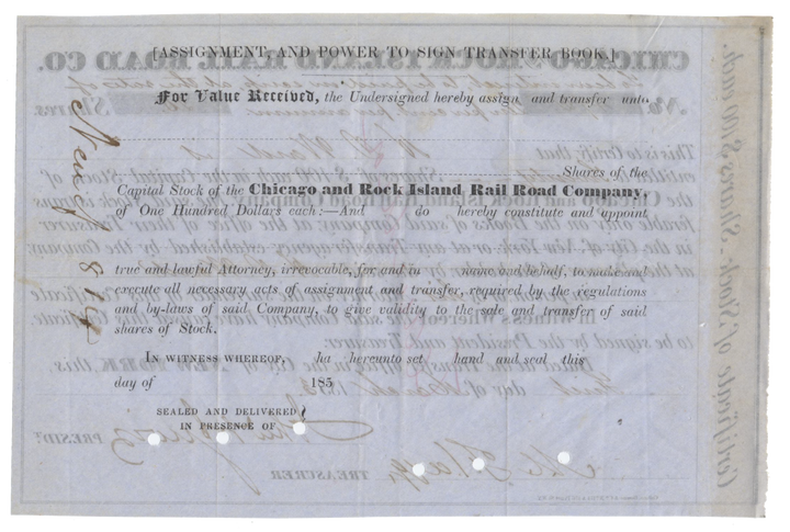 Chicago and Rock Island Rail Road Company Stock Certificate