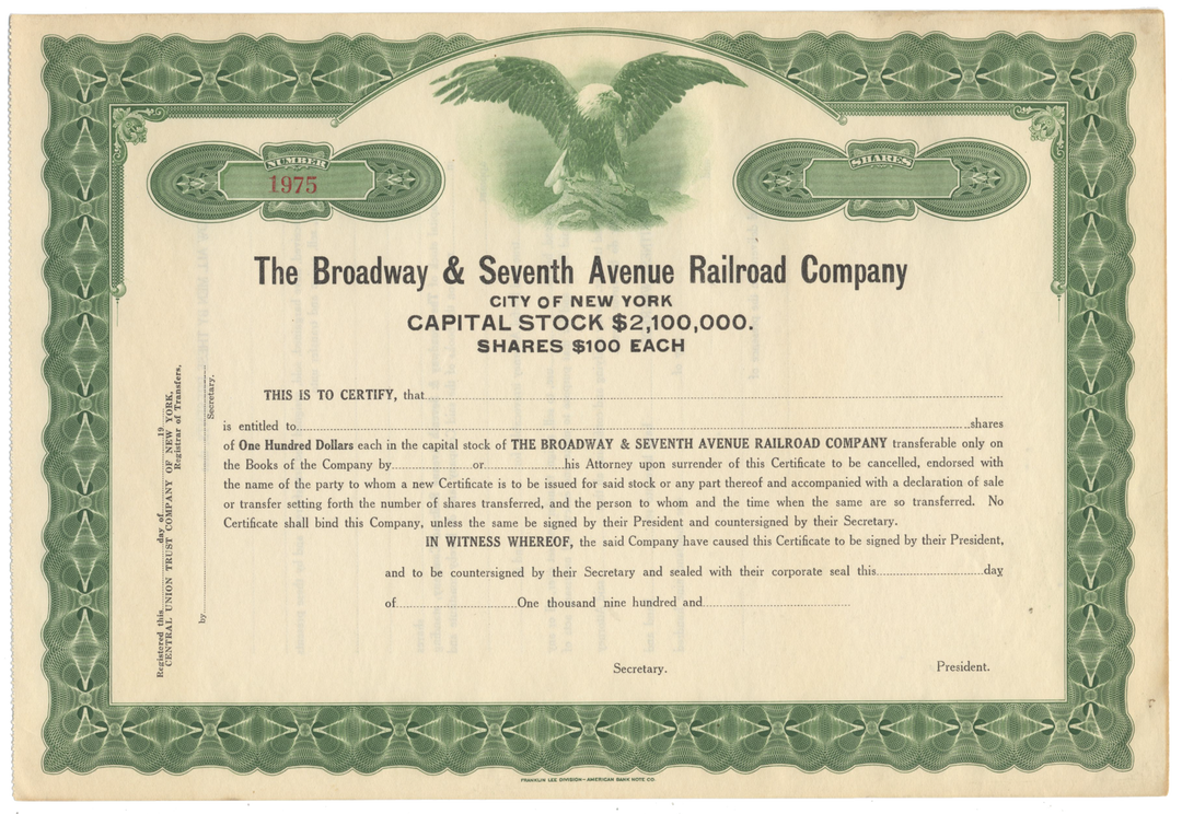 Broadway and Seventh Avenue Railroad Company Stock Certificate