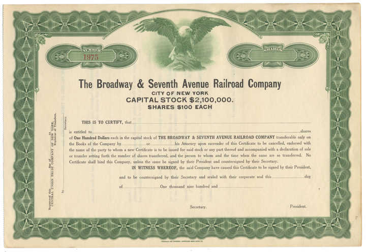 Broadway and Seventh Avenue Railroad Company Stock Certificate