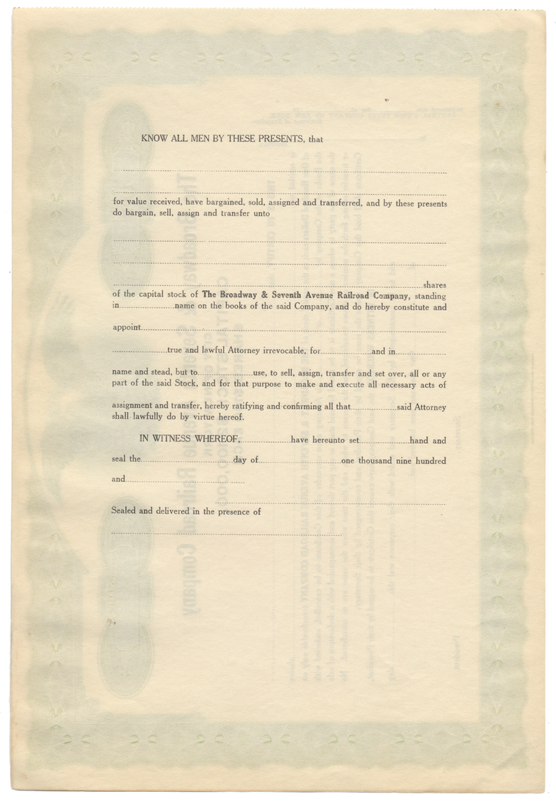 Broadway and Seventh Avenue Railroad Company Stock Certificate