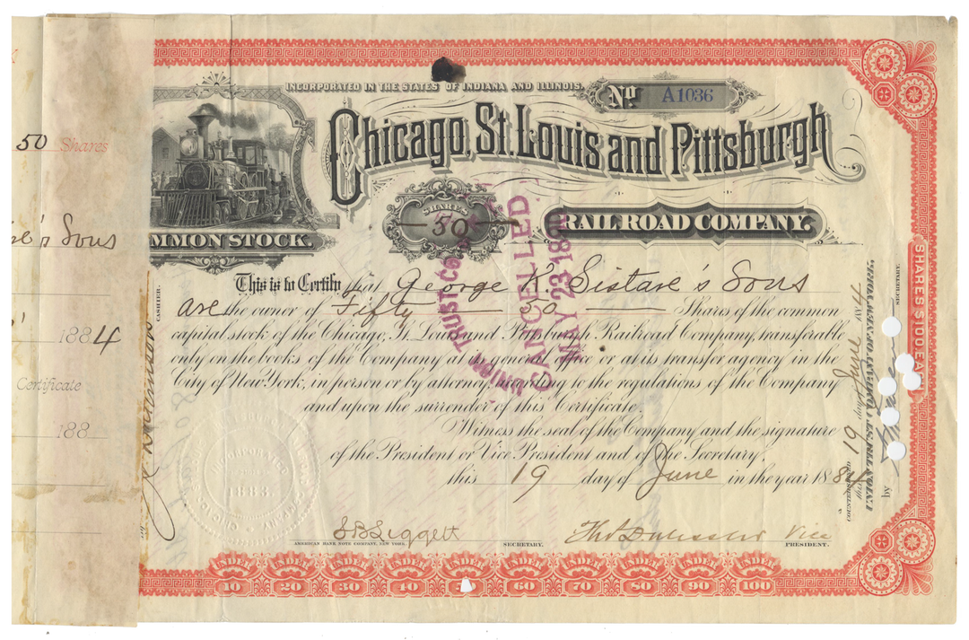 Chicago, St. Louis and Pittsburgh Railroad Company Stock Certificate