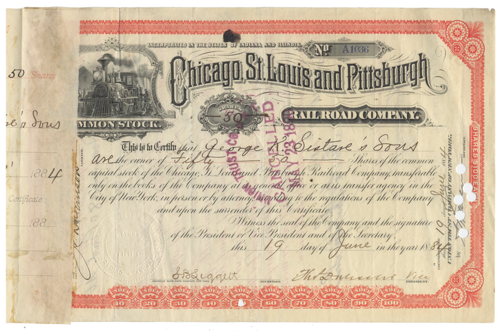 Chicago, St. Louis and Pittsburgh Railroad Company Stock Certificate