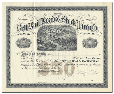 Belt Rail Road and Stock Yards Co. Stock Certificate