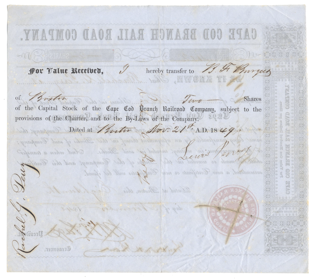 Cape Cod Branch Rail Road Company Stock Certificate