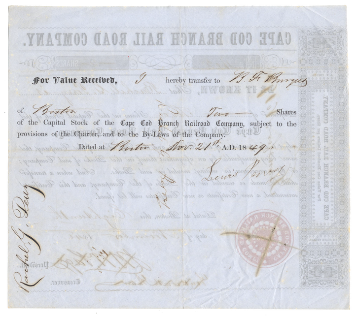 Cape Cod Branch Rail Road Company Stock Certificate