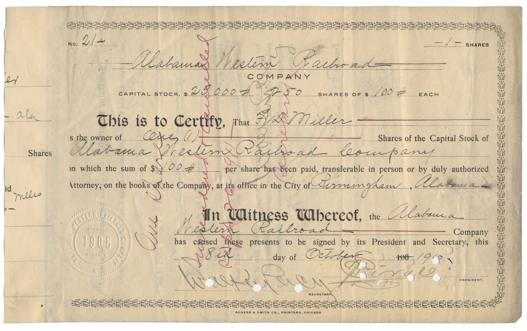 Alabama Western Railroad Company Stock Certificate