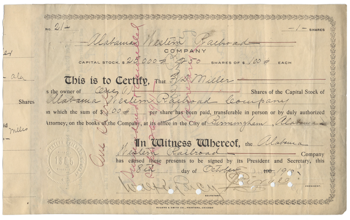 Alabama Western Railroad Company Stock Certificate