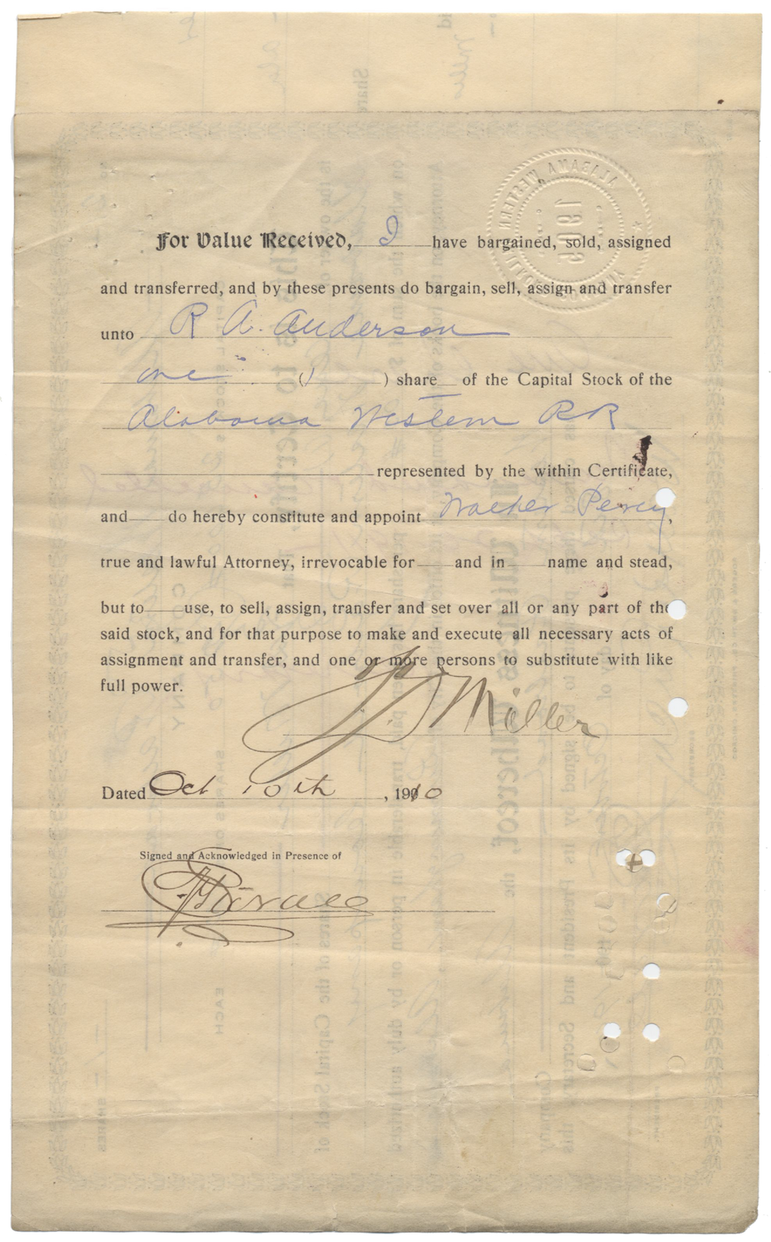 Alabama Western Railroad Company Stock Certificate