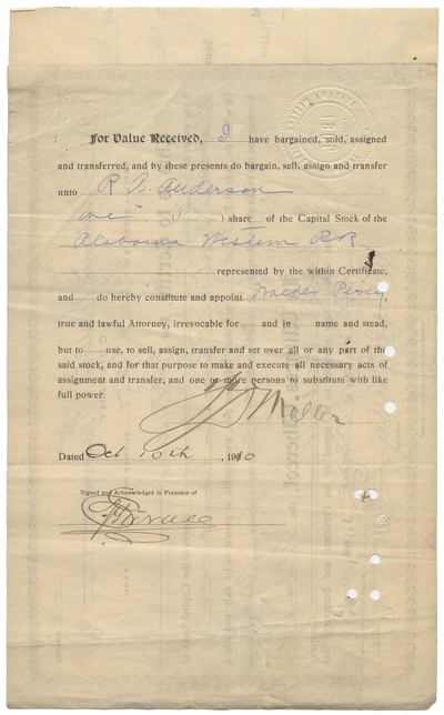 Alabama Western Railroad Company Stock Certificate