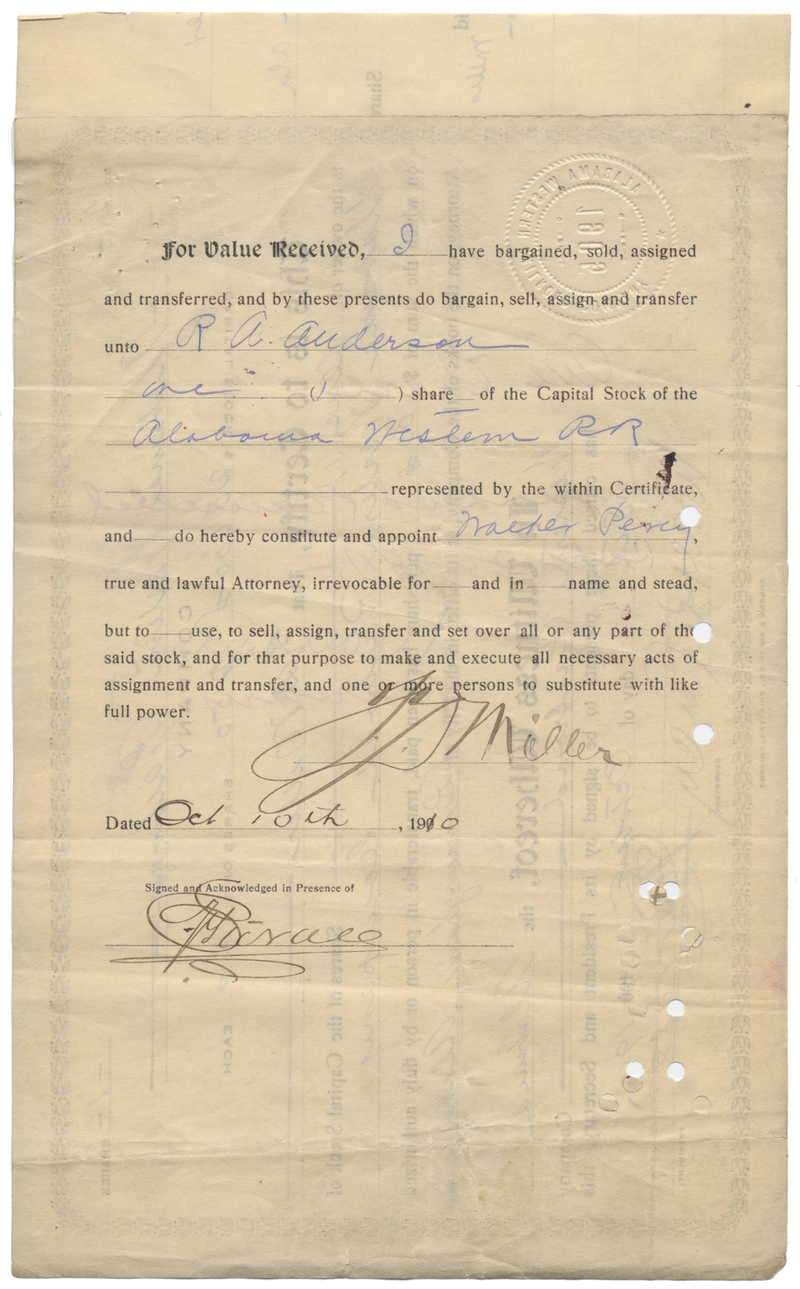 Alabama Western Railroad Company Stock Certificate