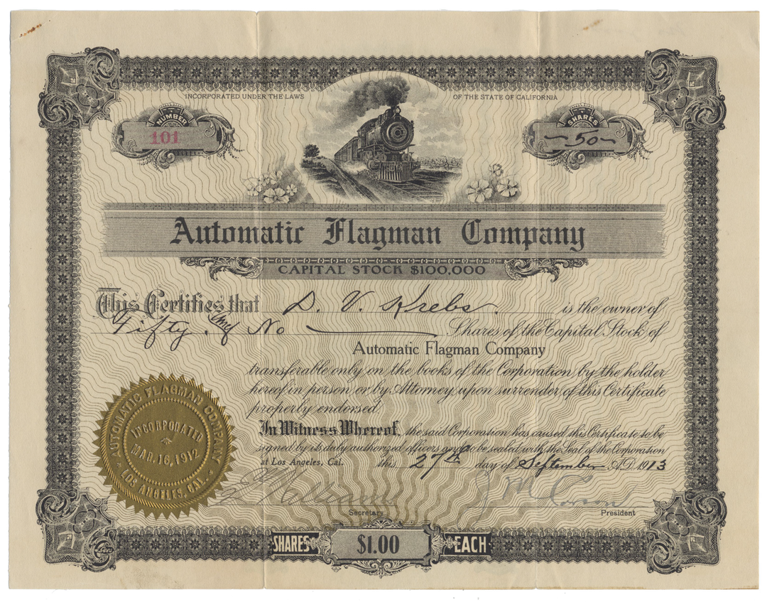 Automatic Flagman Company Stock Certificate