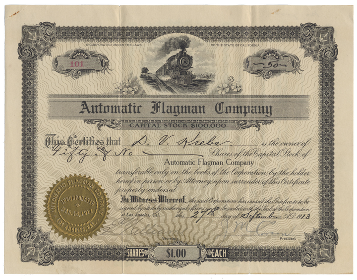 Automatic Flagman Company Stock Certificate