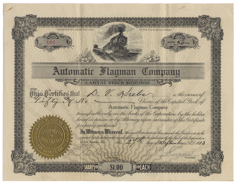 Automatic Flagman Company Stock Certificate