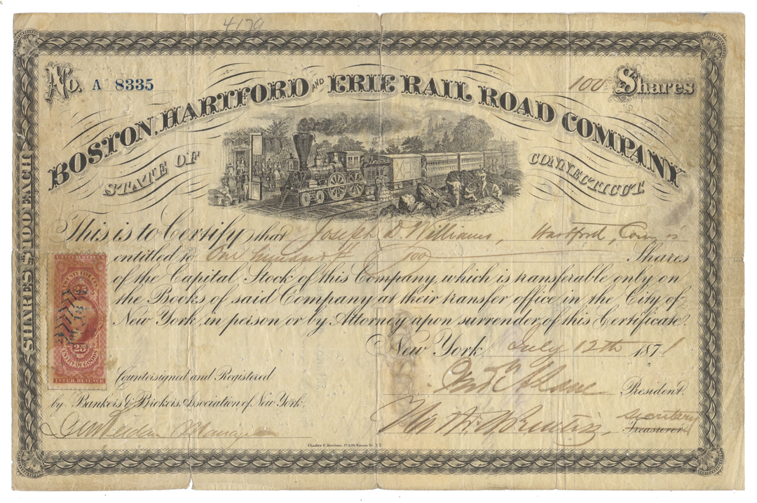 Boston, Hartford and Erie Rail Road Company Stock Certificate