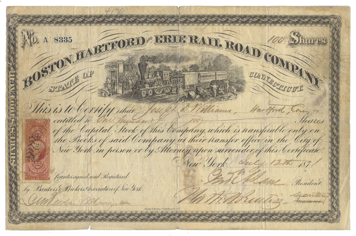 Boston, Hartford and Erie Rail Road Company Stock Certificate