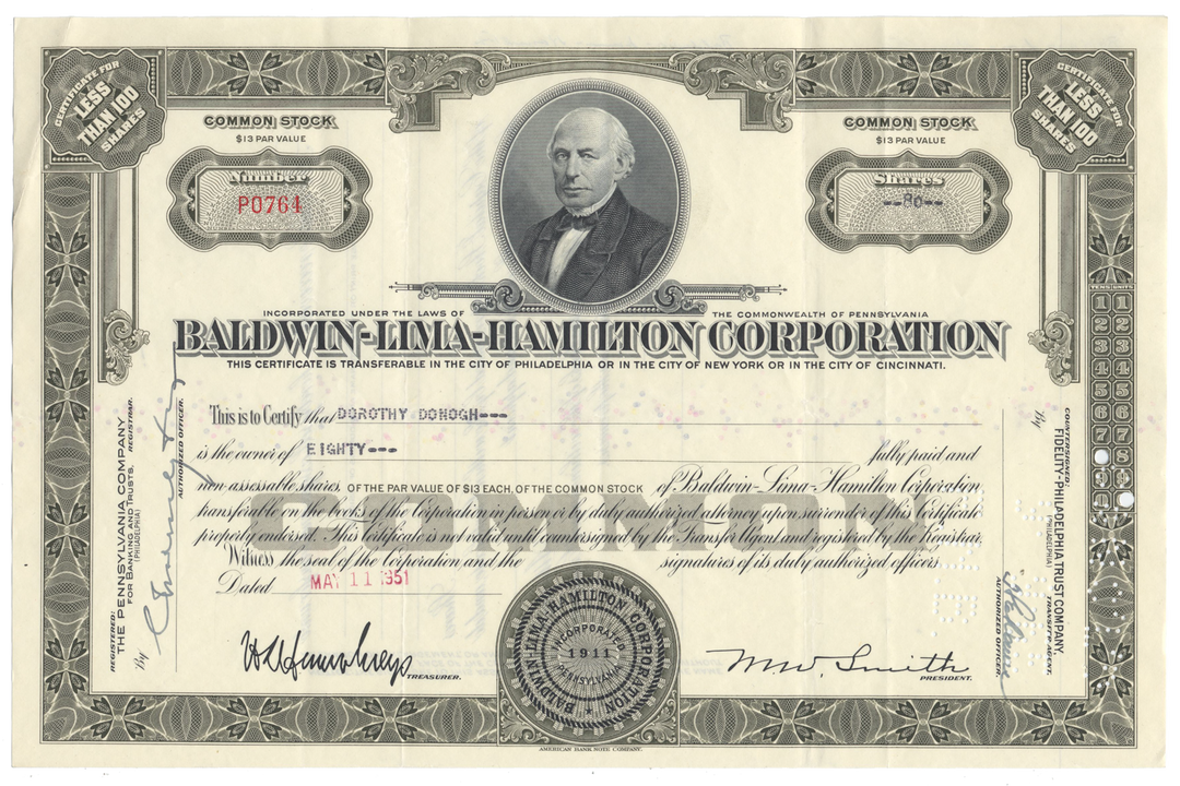 Baldwin-Lima-Hamilton Corporation Stock Certificate