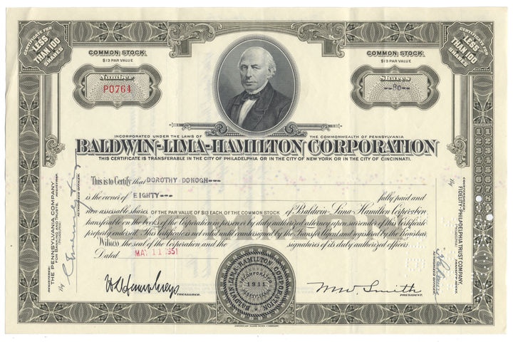 Baldwin-Lima-Hamilton Corporation Stock Certificate