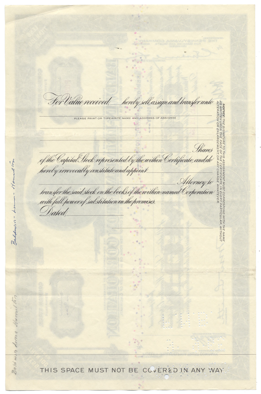 Baldwin-Lima-Hamilton Corporation Stock Certificate