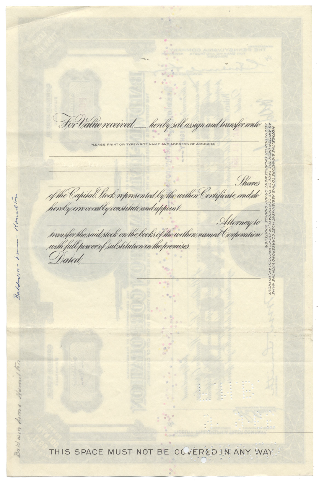 Baldwin-Lima-Hamilton Corporation Stock Certificate