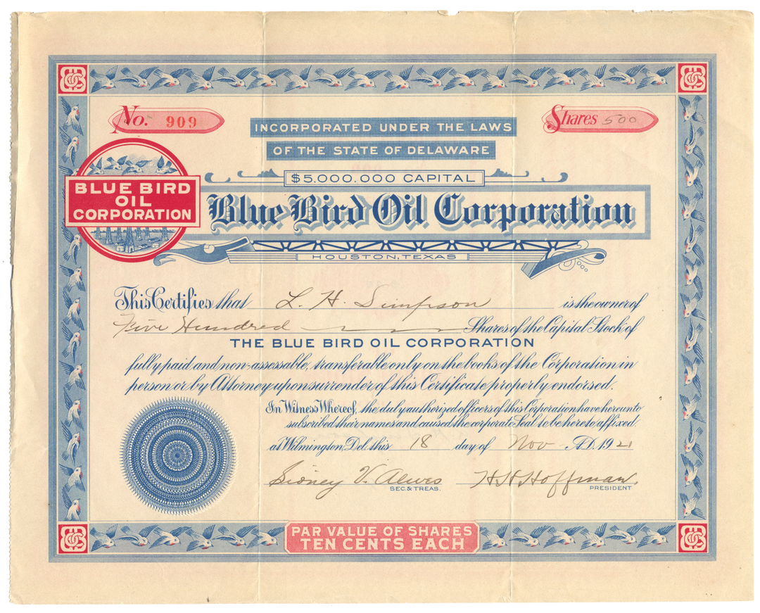 Blue Bird Oil Corporation Stock Certificate