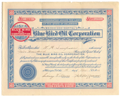 Blue Bird Oil Corporation Stock Certificate