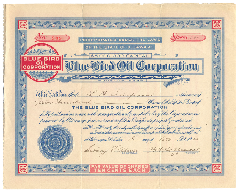 Blue Bird Oil Corporation Stock Certificate