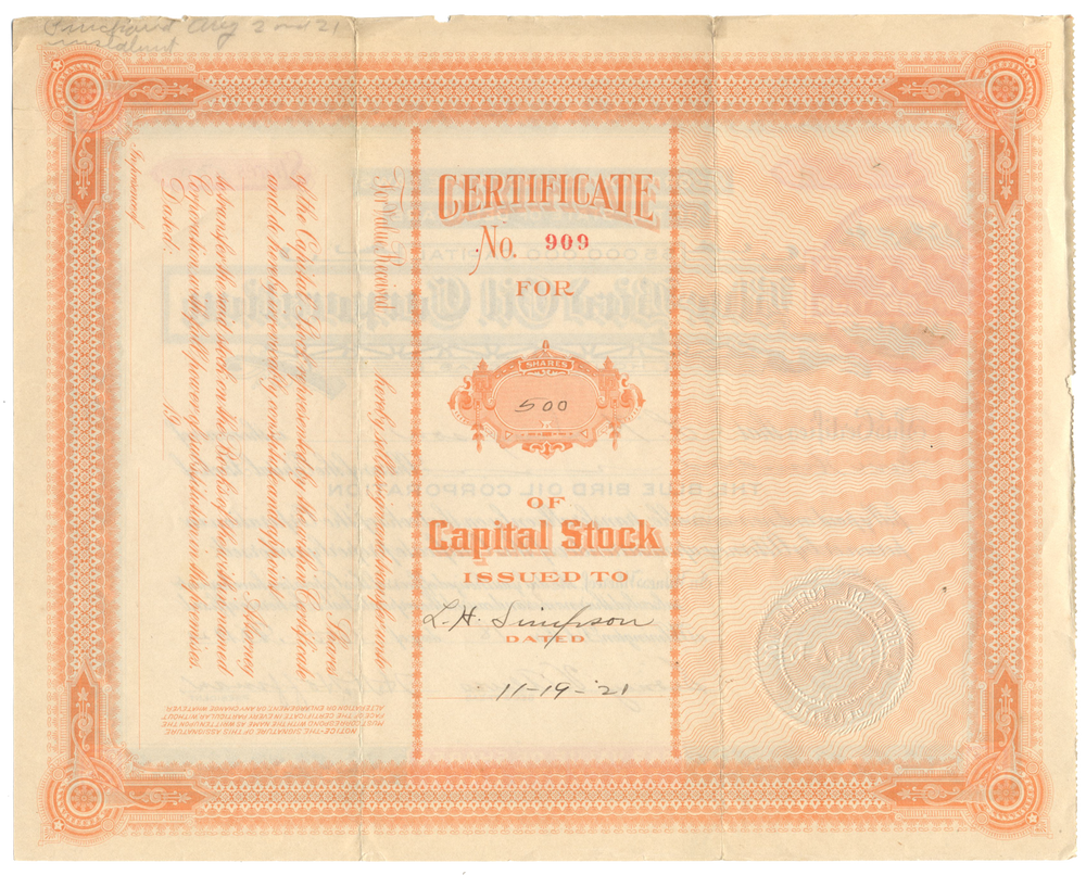 Blue Bird Oil Corporation Stock Certificate