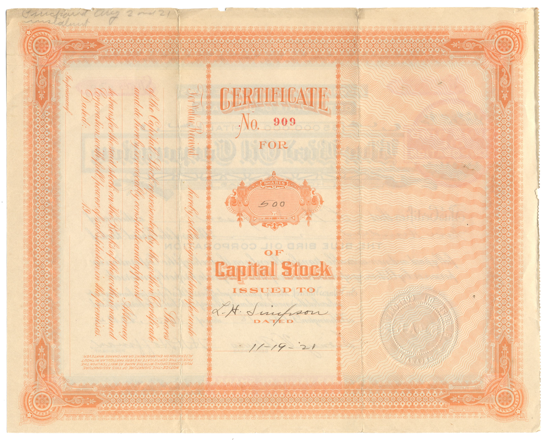 Blue Bird Oil Corporation Stock Certificate