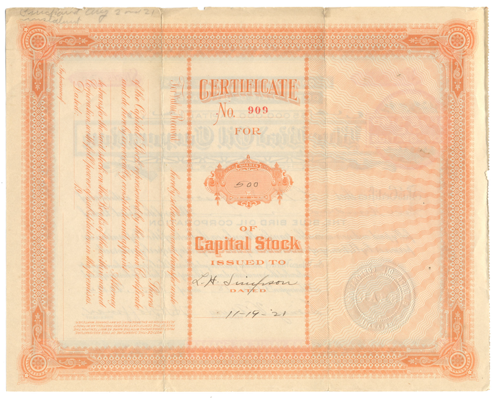 Blue Bird Oil Corporation Stock Certificate