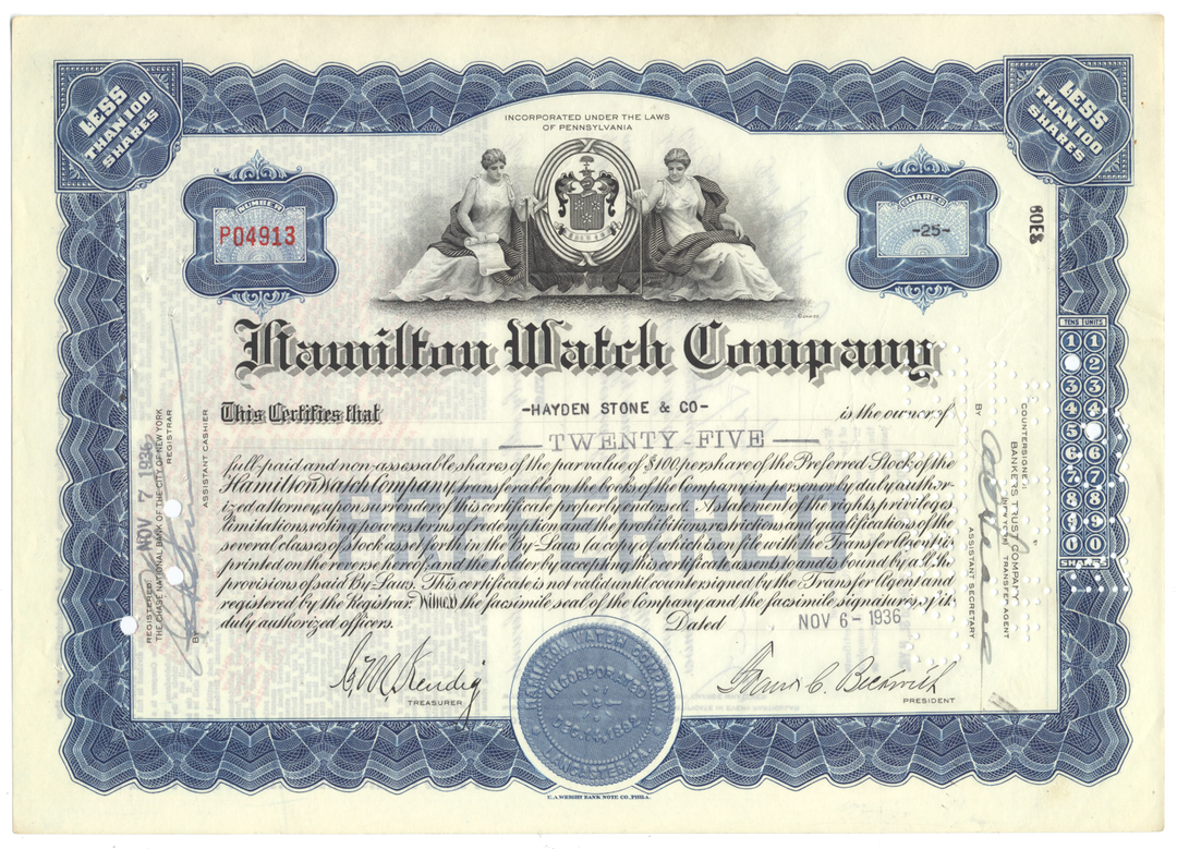 Hamilton Watch Company Stock Certificate