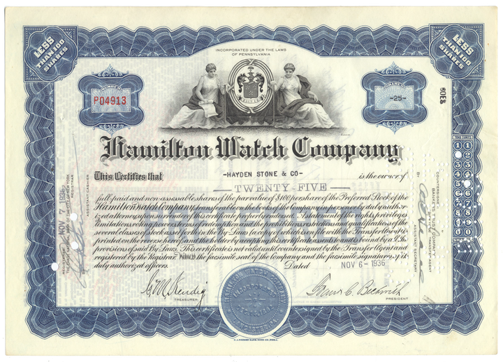 Hamilton Watch Company Stock Certificate