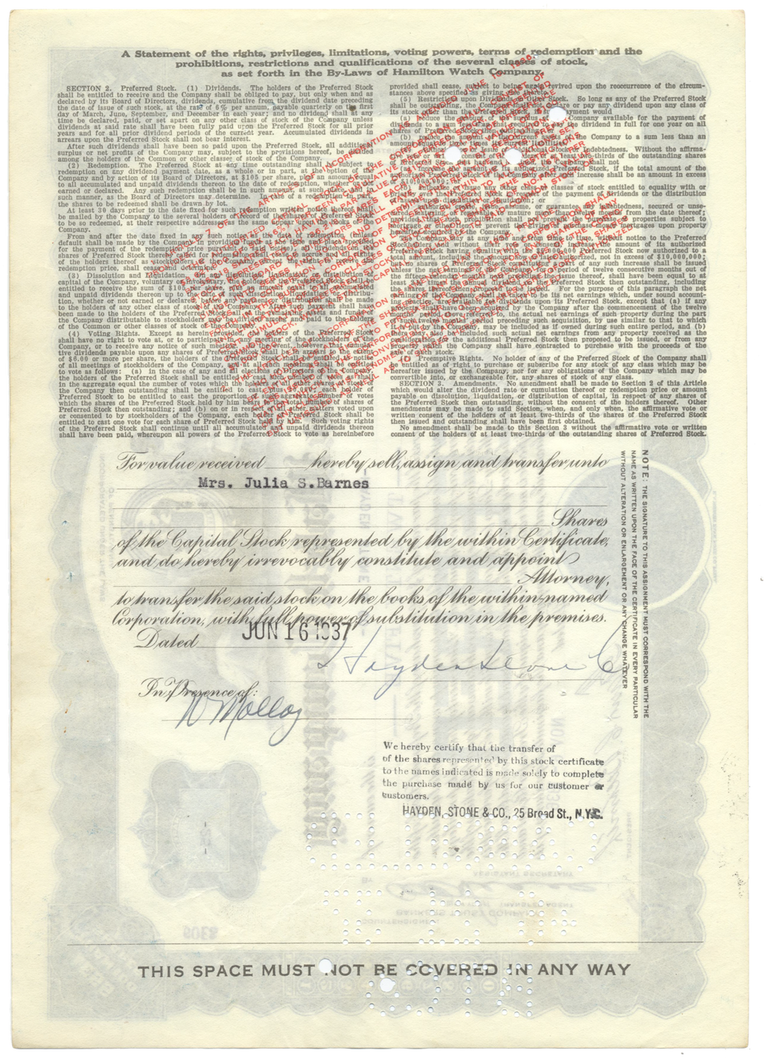 Hamilton Watch Company Stock Certificate