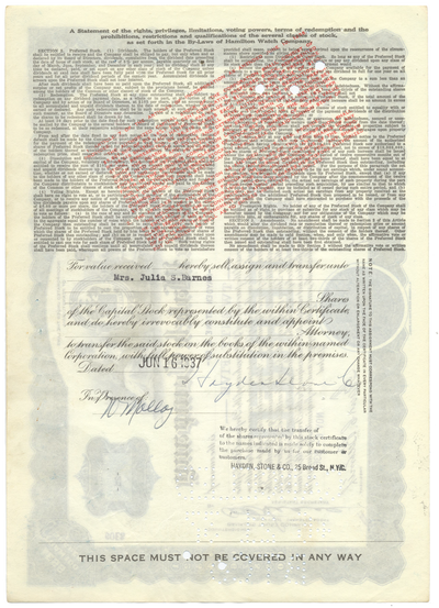 Hamilton Watch Company Stock Certificate