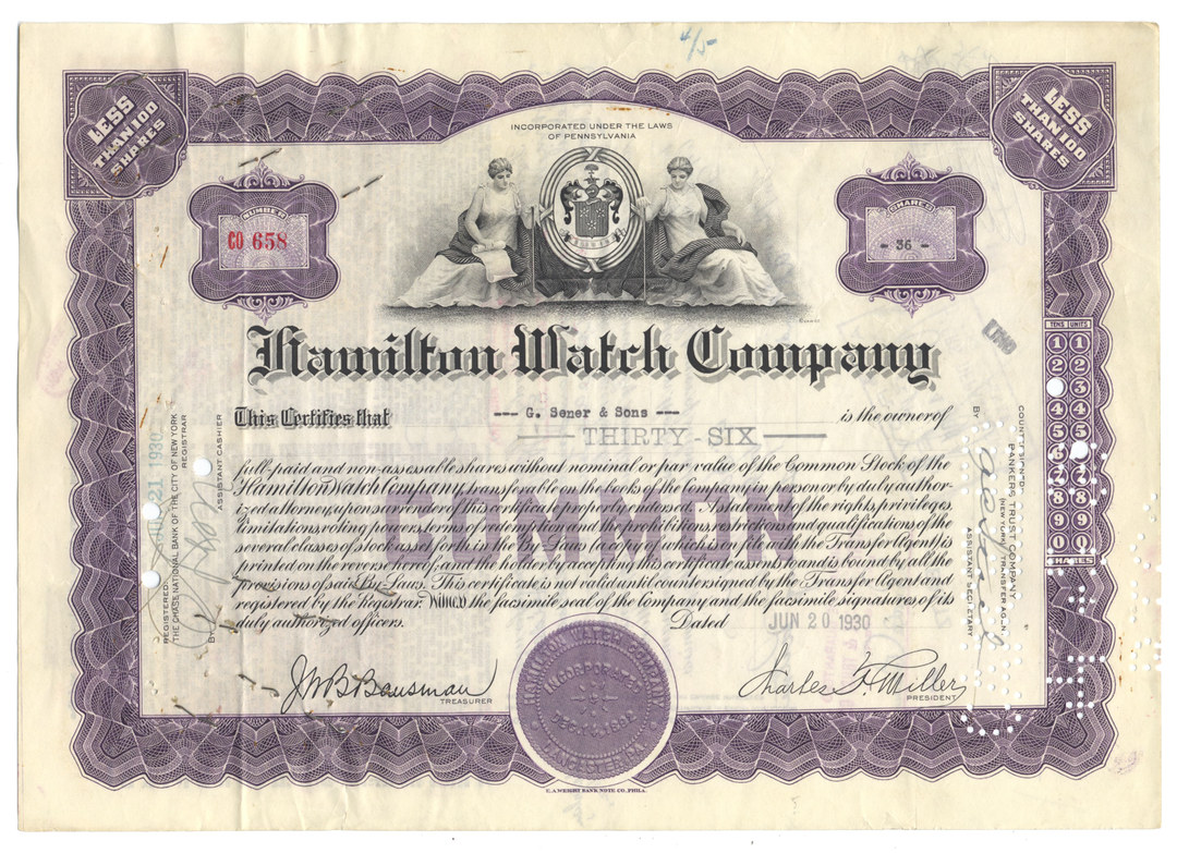 Hamilton Watch Company Stock Certificate