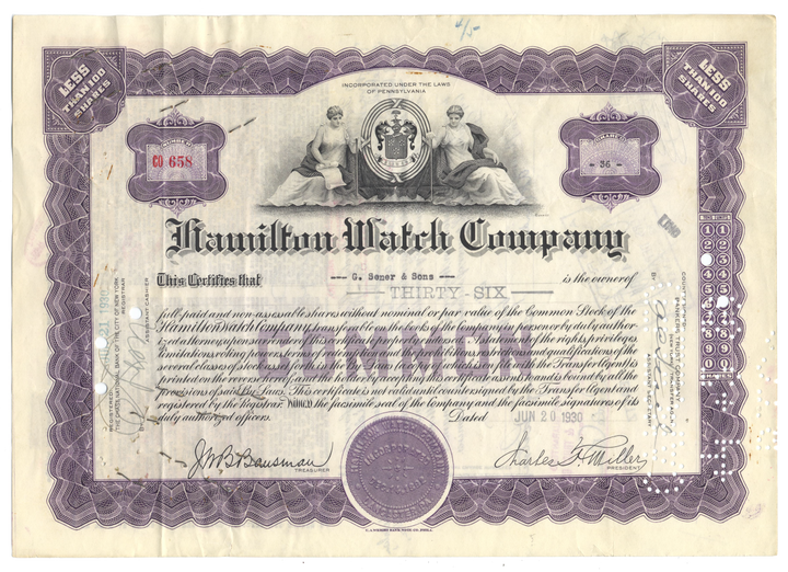 Hamilton Watch Company Stock Certificate