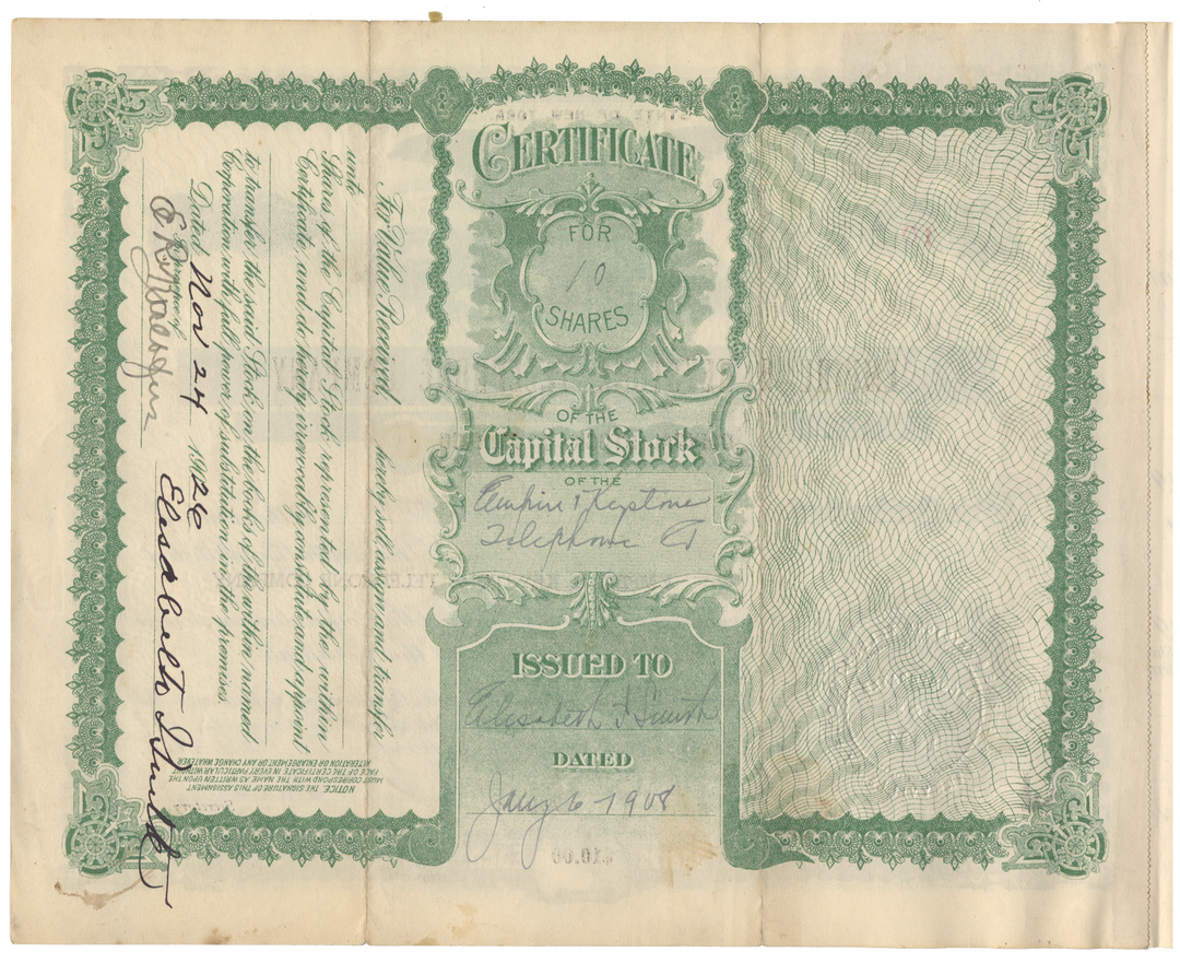 Empire & Keystone Telephone Company Stock Certificate