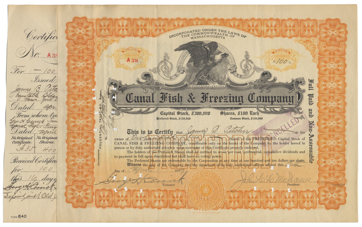 Canal Fish & Freezing Company Stock Certificate